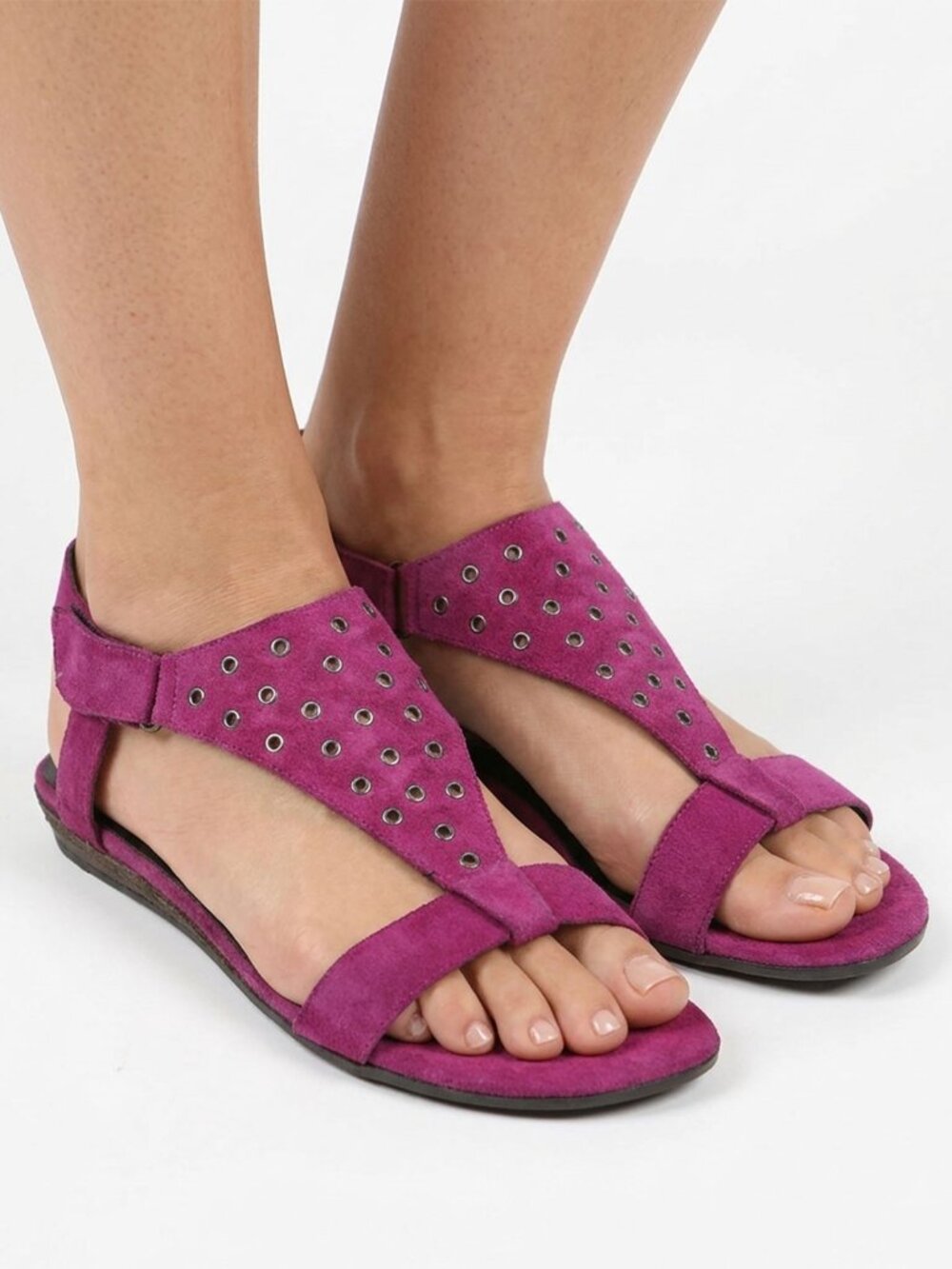 Bravo Brown Y2K Purple Fuchsia Suede Grommet T-Strap Flat Sandals Made in Italy